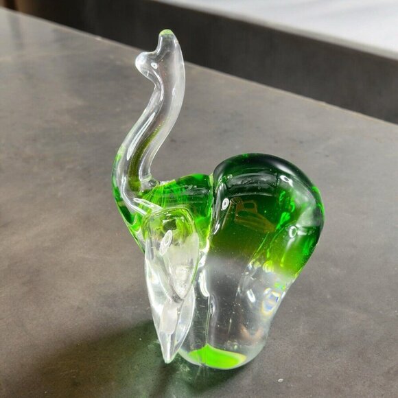Heavy Glass Elephant Figurine Paperweight With Clear Green Spots Trunk Up Lucky - Picture 3 of 16